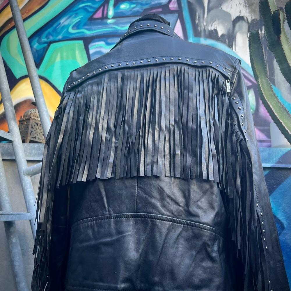 Leather Fringe Studded Motorcycle Jacket with Removable Fringe - Picture 12 of 17